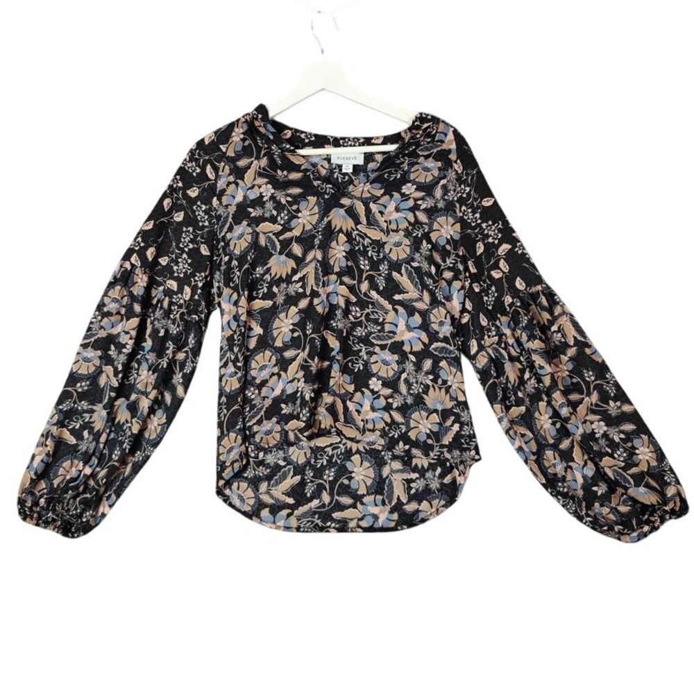 EVEREVE Bishop Sleeve Blouse Womens SZ XS Dark Floral Popover V-neck Sheer Gypsy